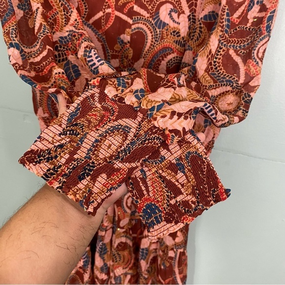 ALC Silvie Silk Mini Dress Ginger Combo Smocked Abstract Metallic Sz 12 - Picture 7 of 11